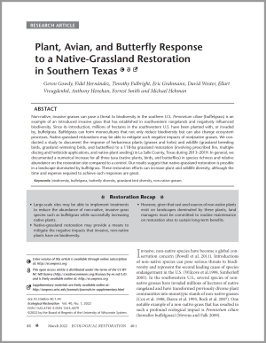 Plant, Avian, and Butterfly Response to a Native-Grassland Restoration in Southern Texas Plant, Avian, and Butterfly Response to a Native-Grassland Restoration in Southern Texas
